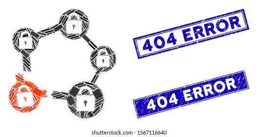 Mosaic broken blockchain network icon and rectangular seal stamps. Flat vector broken blockchain network mosaic icon of randomized rotated rectangle items.