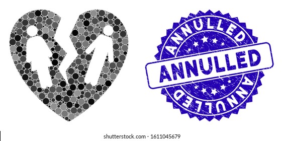 Mosaic broken family heart icon and rubber stamp seal with Annulled phrase. Mosaic vector is formed from broken family heart icon and with scattered circle elements.