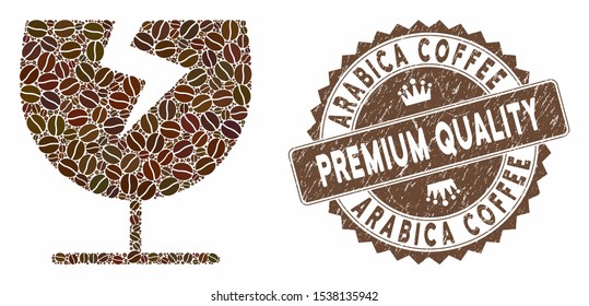 Mosaic broken glass cup and grunge stamp watermark with Arabica Coffee Premium Quality caption. Mosaic vector broken glass cup is formed with grain.