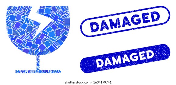 Mosaic broken glass cup and rubber stamp seals with Damaged caption. Mosaic vector broken glass cup is created with random rectangles. Damaged stamp seals use blue color,