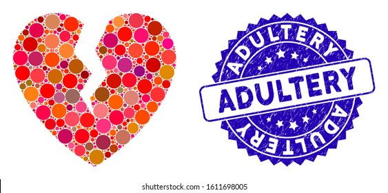 Mosaic broken heart icon and rubber stamp seal with Adultery text. Mosaic vector is designed with broken heart icon and with random circle spots. Adultery seal uses blue color, and grunge design.