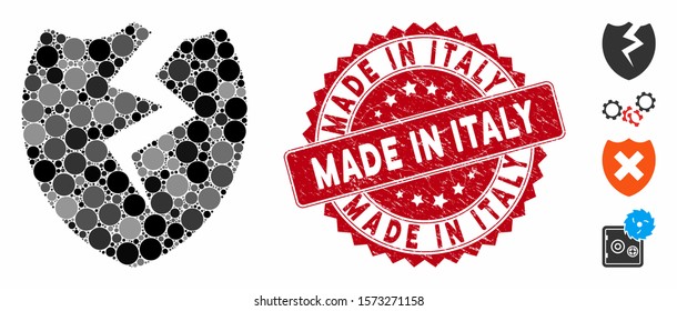 Mosaic broken shield icon and grunge stamp seal with Made in Italy phrase. Mosaic vector is formed from broken shield icon and with randomized round elements. Made in Italy stamp seal uses red color,