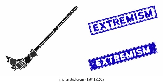 Mosaic broom pictogram and rectangular Extremism rubber prints. Flat vector broom mosaic pictogram of scattered rotated rectangular elements. Blue Extremism seal stamps with rubber texture.