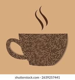 A mosaic brown illustration of a cup of coffee with steam. A textured illustration of a cup of coffee ot tea.