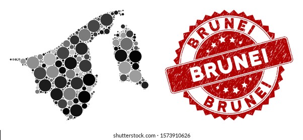Mosaic Brunei map and circle seal stamp. Flat vector Brunei map mosaic of randomized spheric items. Red seal stamp with grunge design. Designed for political and patriotic promotion.