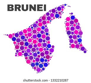 Mosaic Brunei map isolated on a white background. Vector geographic abstraction in pink and violet colors. Mosaic of Brunei map combined of scattered circle dots.