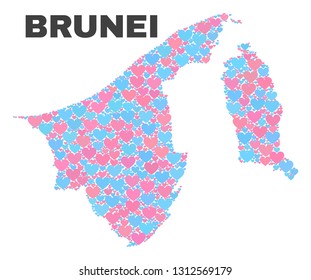Mosaic Brunei map of valentine hearts in pink and blue colors isolated on a white background. Lovely heart collage in shape of Brunei map. Abstract design for Valentine decoration.