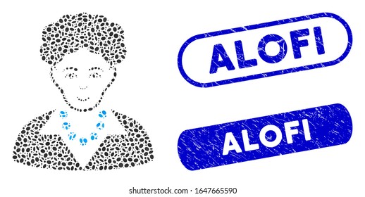 Mosaic brunette woman and corroded stamp watermarks with Alofi text. Mosaic vector brunette woman is formed with randomized oval items. Alofi stamp seals use blue color,