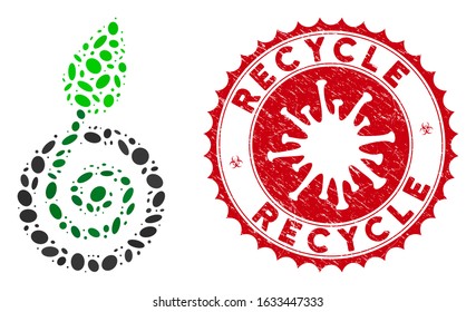 Mosaic bud sprout icon and red rounded distressed stamp watermark with Recycle phrase and coronavirus symbol. Mosaic vector is composed with bud sprout icon and with random elliptic spots.
