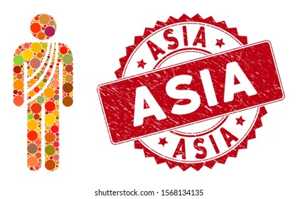 Mosaic buddhist monk and corroded stamp seal with Asia phrase. Mosaic vector is created with buddhist monk icon and with scattered round elements. Asia stamp seal uses red color, and dirty surface.