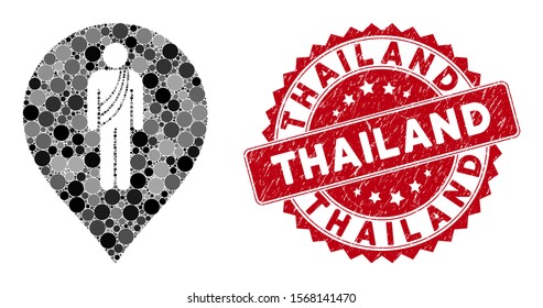 Mosaic buddhist monk marker and rubber stamp seal with Thailand phrase. Mosaic vector is created with buddhist monk marker icon and with randomized spheric items. Thailand stamp seal uses red color,