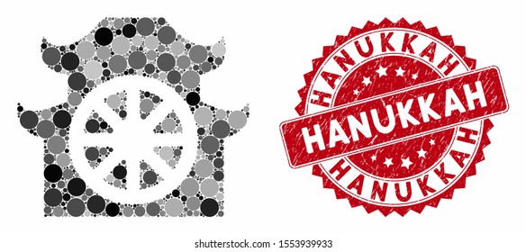 Mosaic buddhist temple and rubber stamp seal with Hanukkah phrase. Mosaic vector is composed with buddhist temple icon and with randomized circle spots. Hanukkah stamp uses red color,