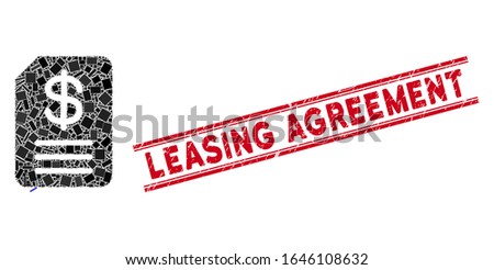 Mosaic budget invoice icon and red Leasing Agreement seal between double parallel lines. Flat vector budget invoice mosaic icon of randomized rotated rectangular items.