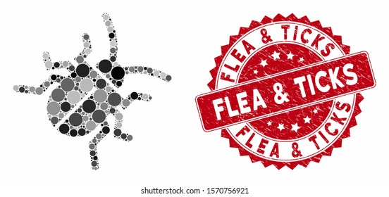Mosaic bug and distressed stamp seal with Flea & Ticks caption. Mosaic vector is designed with bug icon and with scattered spheric elements. Flea & Ticks stamp seal uses red color, and grunged design.