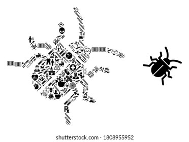 Mosaic bug from healthcare items and basic icon. Mosaic vector bug is formed from medic icons. Abstract illustrations elements for pharmacy illustrations. Illustration is based on bug pictogram.