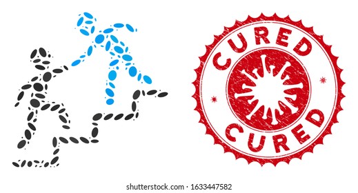 Mosaic builder business help icon and red round corroded stamp watermark with Cured text and coronavirus symbol. Mosaic vector is designed with builder business help icon and with random oval items.