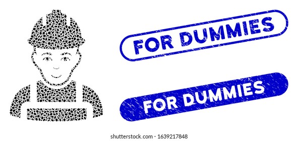 Mosaic builder and distressed stamp seals with For Dummies text. Mosaic vector builder is formed with randomized oval parts. For Dummies stamp seals use blue color, and have round rectangle shape.