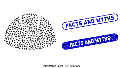 Mosaic builder helmet and corroded stamp seals with Facts and Myths caption. Mosaic vector builder helmet is designed with randomized ellipse pieces. Facts and Myths seals use blue color,