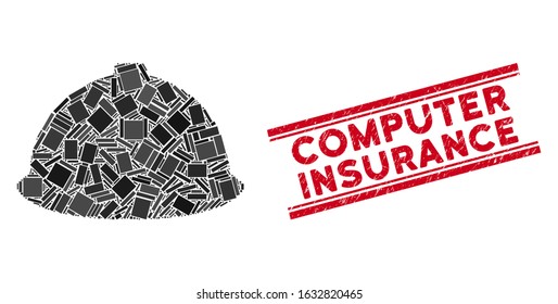Mosaic builder helmet icon and red Computer Insurance rubber print between double parallel lines. Flat vector builder helmet mosaic icon of scattered rotated rectangle elements.