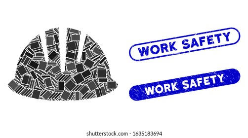 Mosaic builder helmet and rubber stamp seals with Work Safety text. Mosaic vector builder helmet is composed with scattered rectangle items. Work Safety stamp seals use blue color,