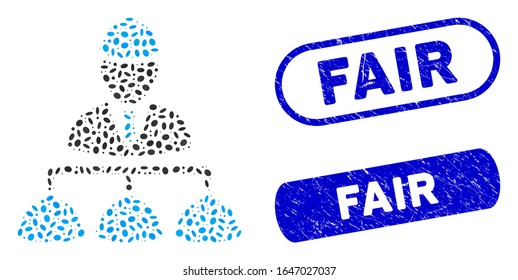 Mosaic builder management and corroded stamp seals with Fair text. Mosaic vector builder management is composed with scattered oval elements. Fair stamp seals use blue color,