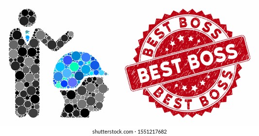 Mosaic builder management and grunge stamp watermark with Best Boss text. Mosaic vector is composed with builder management icon and with random round items. Best Boss stamp uses red color,