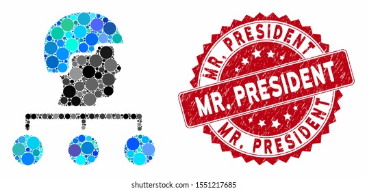 Mosaic builder management links and grunge stamp seal with Mr. President text. Mosaic vector is formed with builder management links icon and with randomized circle elements. Mr.
