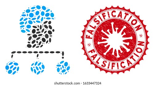 Mosaic builder management links icon and red round corroded stamp seal with Falsification caption and coronavirus symbol.