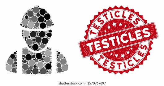 Mosaic builder and rubber stamp seal with Testicles caption. Mosaic vector is composed with builder icon and with random circle items. Testicles seal uses red color, and rubber texture.