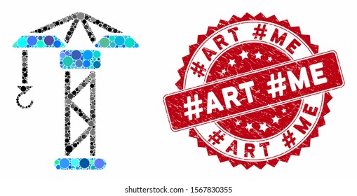 Mosaic building crane and corroded stamp seal with #Art #Me phrase. Mosaic vector is designed with building crane icon and with scattered spheric items. #Art #Me stamp seal uses red color,