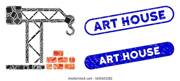 Mosaic building crane and corroded stamp seals with Art House caption. Mosaic vector building crane is formed with random rectangle items. Art House stamp seals use blue color,