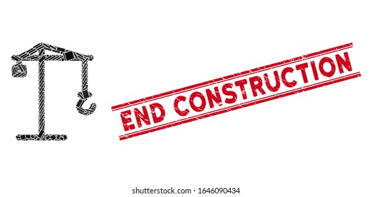 Mosaic building crane icon and red End Construction seal stamp between double parallel lines. Flat vector building crane mosaic icon of randomized rotated rectangular elements.