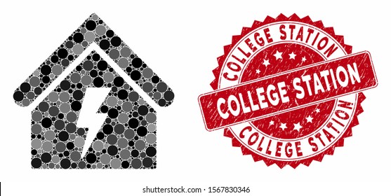 Mosaic building electricity and corroded stamp seal with College Station phrase. Mosaic vector is designed with building electricity icon and with random round elements.