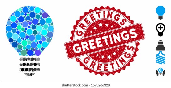 Mosaic bulb icon and corroded stamp seal with Greetings text. Mosaic vector is designed with bulb pictogram and with randomized round elements. Greetings stamp seal uses red color,
