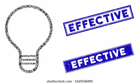 Mosaic bulb icon and rectangular seal stamps. Flat vector bulb mosaic icon of random rotated rectangular items. Blue caption seal stamps with grunge textures.