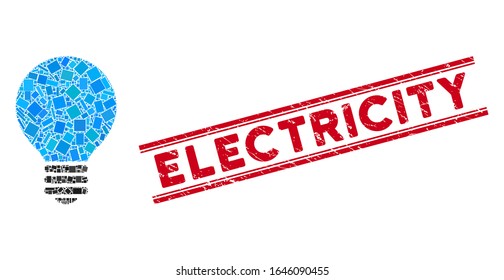 Mosaic bulb icon and red Electricity seal between double parallel lines. Flat vector bulb mosaic icon of random rotated rectangle elements. Red Electricity seal with grunged textures.