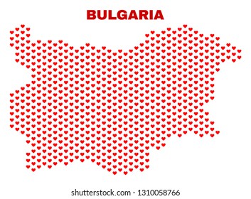Mosaic Bulgaria map of heart hearts in red color isolated on a white background. Regular red heart pattern in shape of Bulgaria map. Abstract design for Valentine decoration.