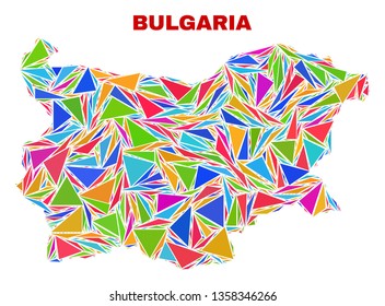 Mosaic Bulgaria map of triangles in bright colors isolated on a white background. Triangular collage in shape of Bulgaria map. Abstract design for patriotic decoration.