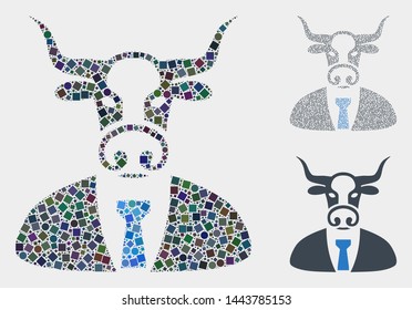 Mosaic Bull boss icon organized from spheric and square elements in different sizes, positions and proportions. Vector circle and square parts are organized into abstract composition bull boss icons.