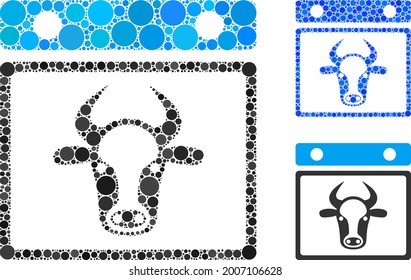 Mosaic bull calendar leaf icon organized from circle elements in different sizes, positions and proportions. Blue and original versions of bull calendar leaf icon.