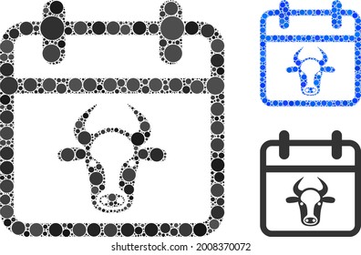 Mosaic bull calendar page icon organized from circle items in variable sizes, positions and proportions. Blue and original versions of bull calendar page icon.