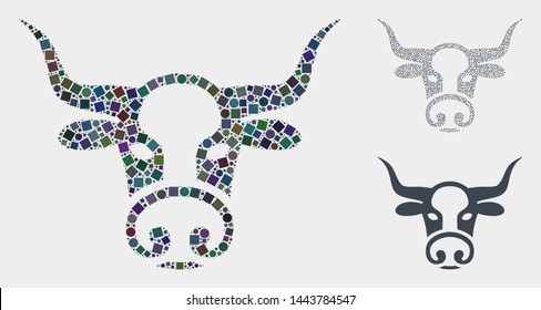 Mosaic Bull head icon designed from circle and square elements in variable sizes, positions and proportions. Vector circle and square spots are arranged into abstract mosaic bull head icons.