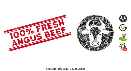 Mosaic bull head icon and red 100% Fresh Angus Beef seal between double parallel lines. Flat vector bull head mosaic icon of random rotated rectangular items.