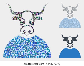 Mosaic Bull person icon united from round and square elements in variable sizes, positions and proportions. Vector round and square spots are organized into abstract mosaic bull person icons.
