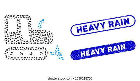 Mosaic bulldozer and distressed stamp seals with Heavy Rain caption. Mosaic vector bulldozer is formed with randomized oval dots. Heavy Rain stamp seals use blue color, and have round rectangle shape.