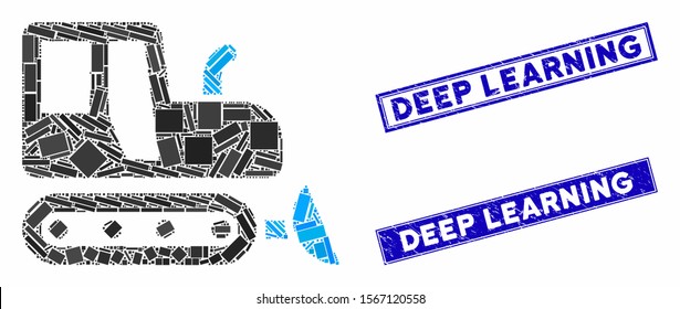 Mosaic bulldozer icon and rectangle seals. Flat vector bulldozer mosaic icon of randomized rotated rectangular items. Blue caption seals with corroded surface.