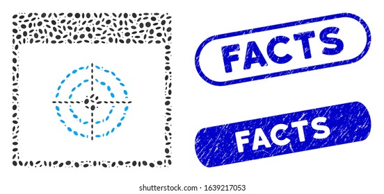Mosaic bullseye calendar page and grunge stamp seals with Facts text. Mosaic vector bullseye calendar page is designed with scattered ellipse spots. Facts stamp seals use blue color,