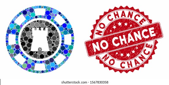 Mosaic bulwark casino chip and rubber stamp seal with No Chance caption. Mosaic vector is formed with bulwark casino chip icon and with scattered round spots. No Chance stamp seal uses red color,