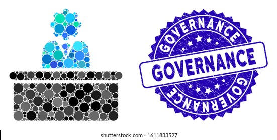 Mosaic bureaucrat icon and rubber stamp watermark with Governance text. Mosaic vector is formed with bureaucrat icon and with random circle items. Governance stamp seal uses blue color,