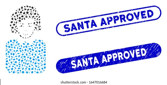 Mosaic bureaucrat lady and distressed stamp seals with Santa Approved caption. Mosaic vector bureaucrat lady is designed with random elliptic elements. Santa Approved stamp seals use blue color,